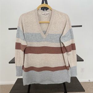 LOFT V-Neck Sweater Cream with Gray and Brown Stripes Size XS